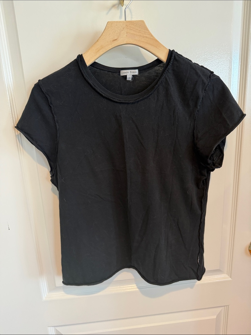 James Perse Black cropped Short Sleeve Crew Tee with seam detailing